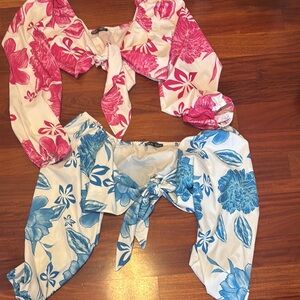 SHEIN Floral Tie-Front Tops - Pink and Blue